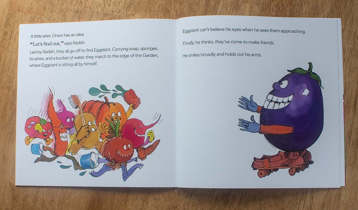 The Hole in the Fence — an open book showing illustrations and story text, with the box set behind