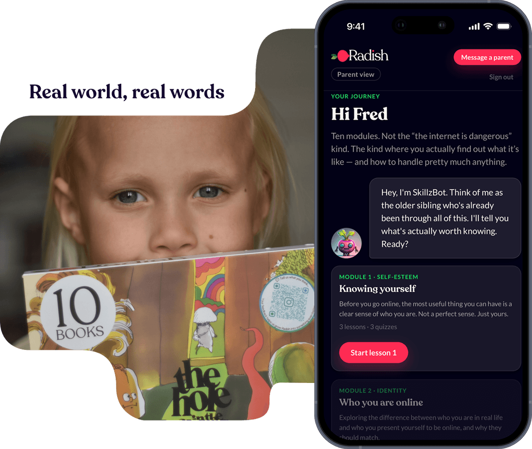 The Hole in the Fence storybooks alongside the Radish Learning app on mobile